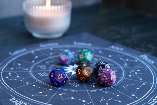 Horoscope zodiac circle with divination dice. Fortune telling and astrology predictions concept, magic rituals and exoteric experience